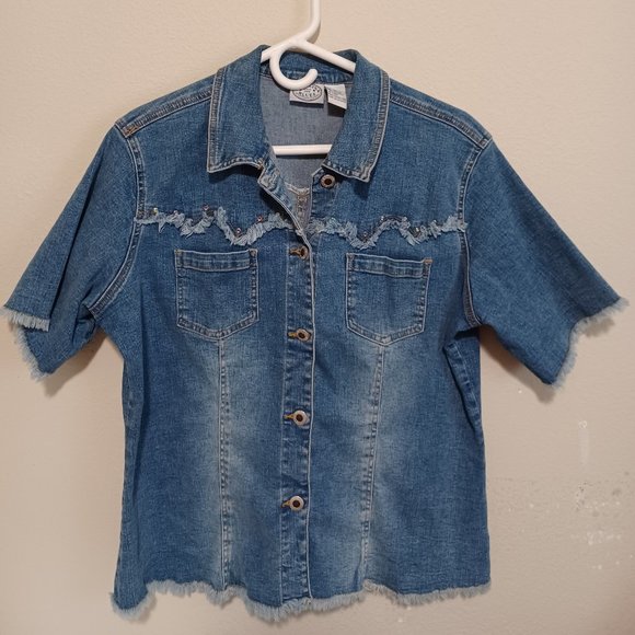 Vintage Carolina Blues Denim Shirt XL Raw Edges Button Down Short Sleeve Western - Picture 12 of 12
